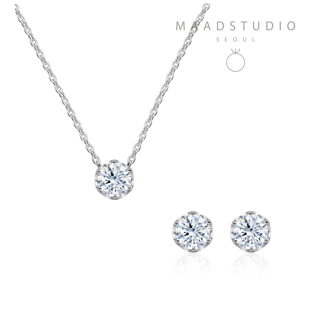 Frise pendant & earring Set 14k White gold CZ 0.3ct & 0.25ct