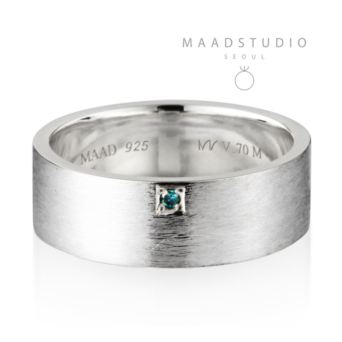 MR-V Flat band ring 7.0mm hairline, blue Diamond Sterling silver