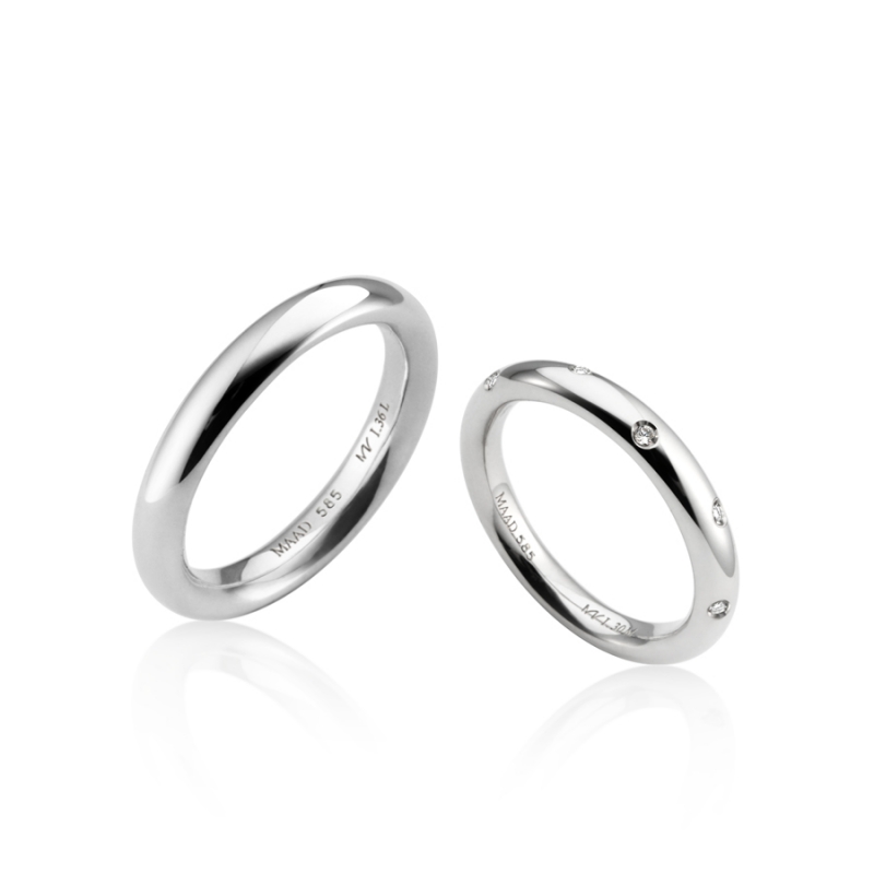 MR-I Raised oval band wedding ring Set 3.6mm & 3.0mm 14k White gold CZ