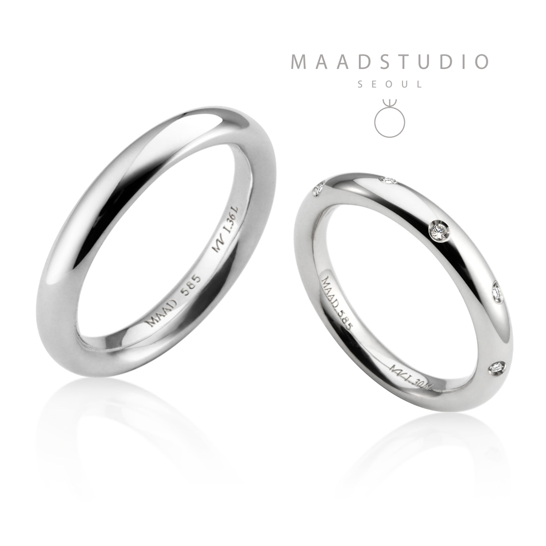 MR-I Raised oval band wedding ring Set 3.6mm & 3.0mm 14k White gold CZ