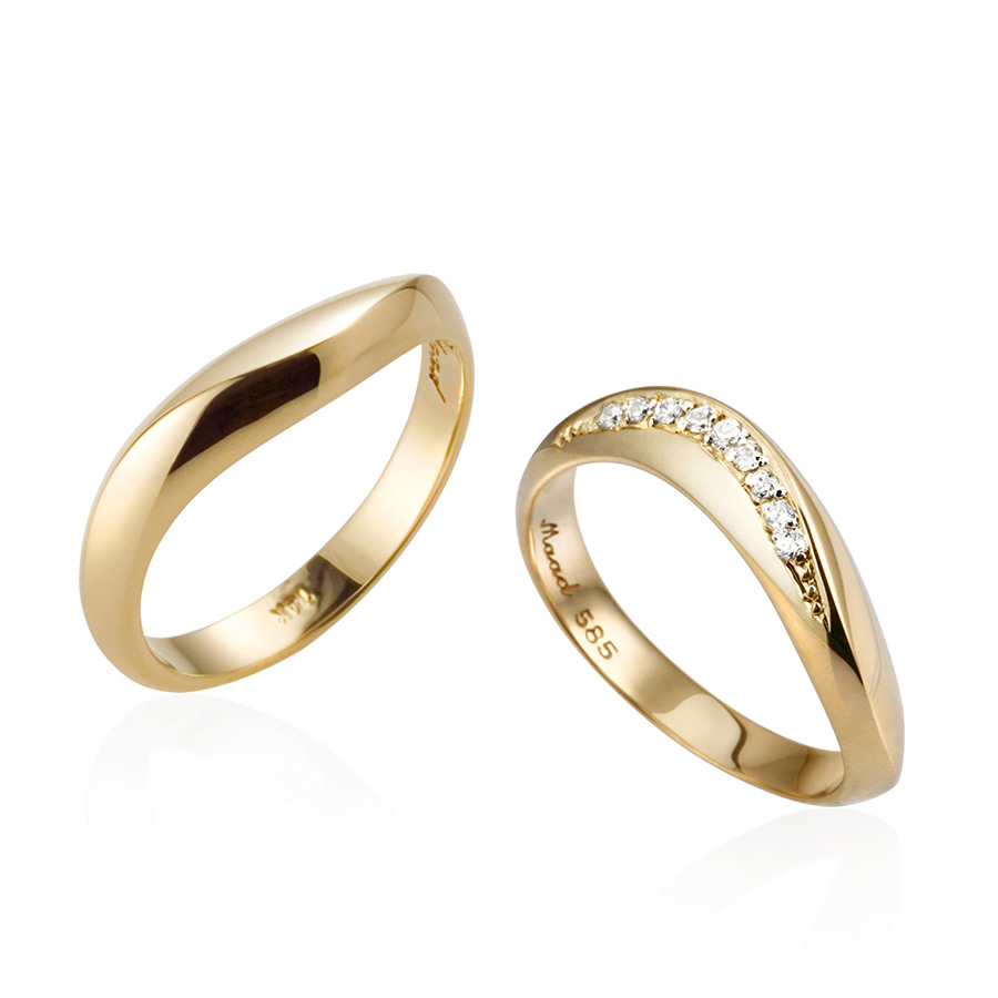 Lake wave wedding ring Set (M&M) 14k gold CZ