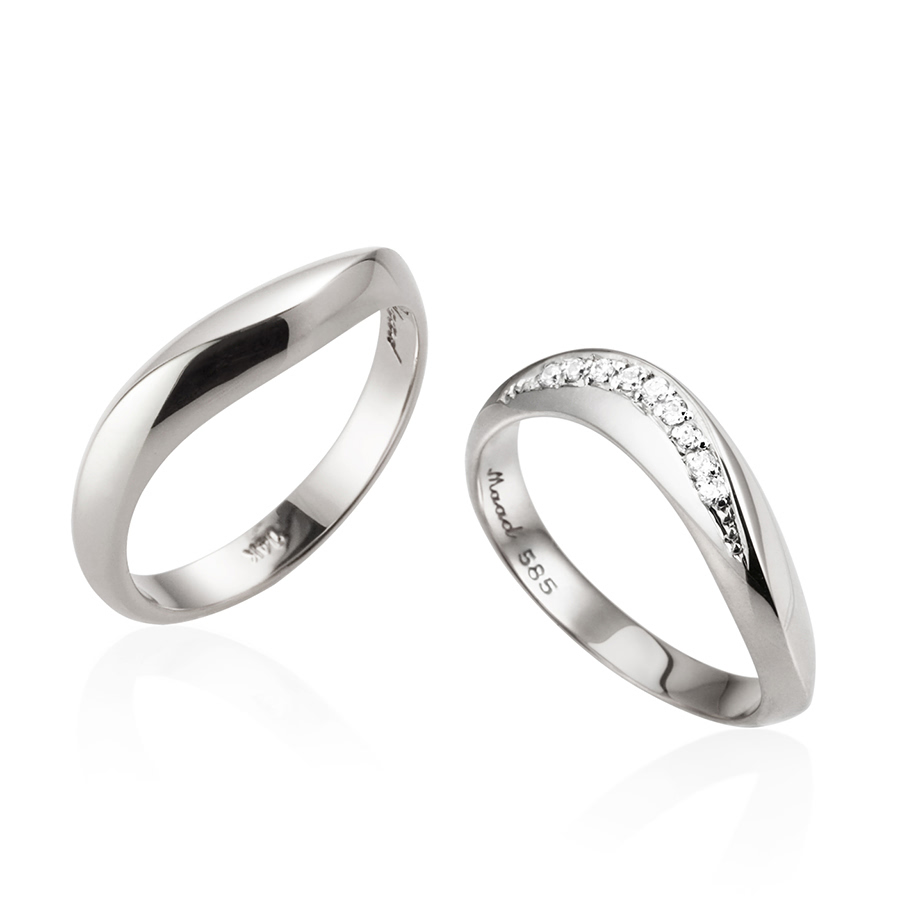 Lake wave wedding ring Set (M&M) 14k White gold CZ