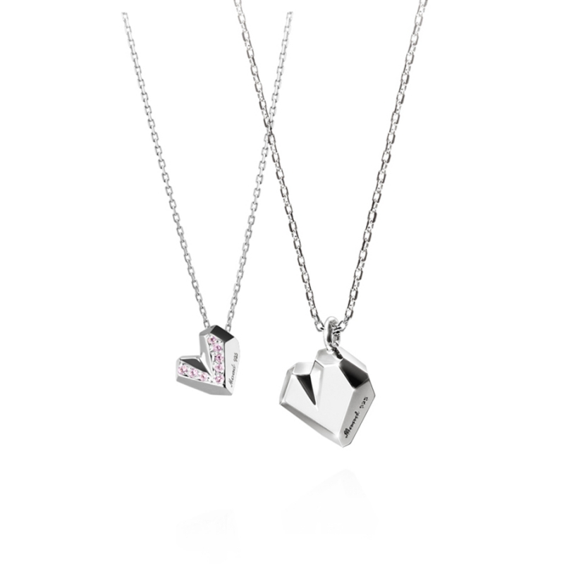 Ice heart couple pendant Set (M&S) pink CZ & flat Sterling silver