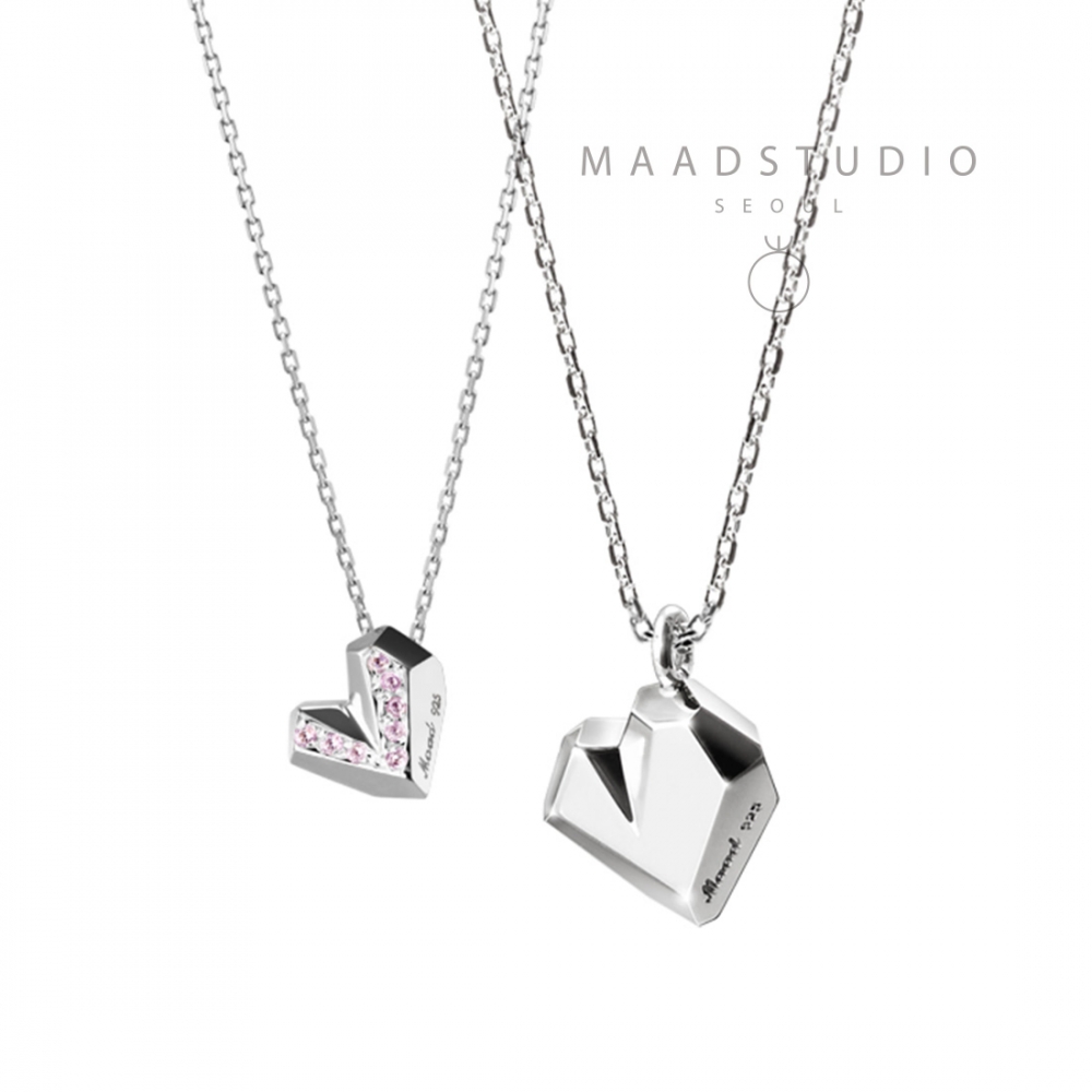 Ice heart couple pendant Set (M&S) pink CZ & flat Sterling silver