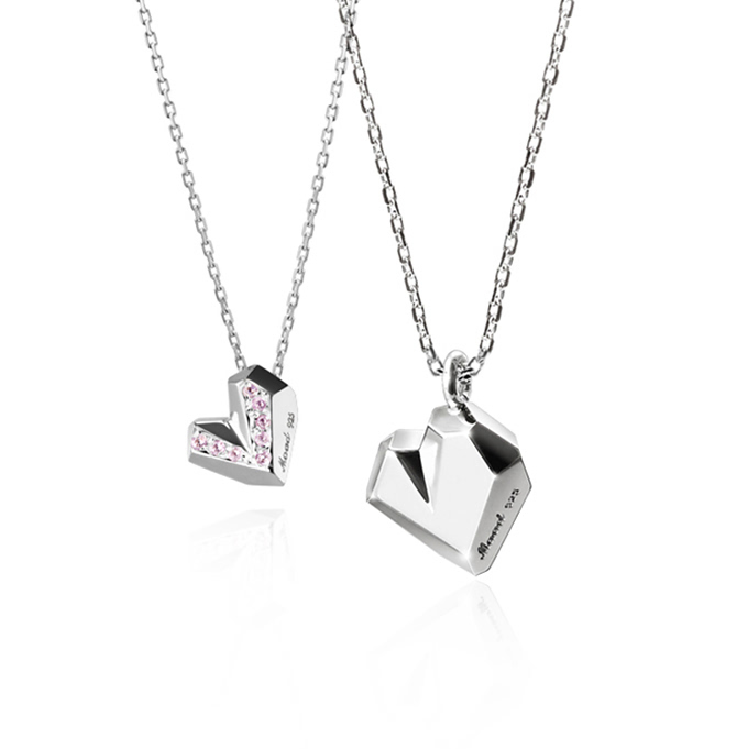아이스하트 커플목걸이 (중+소) Silver_925 pink CZ & flat