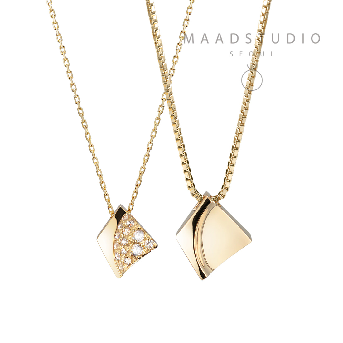 Crystalloid couple pendant Set (M&S) 14k gold CZ & flat