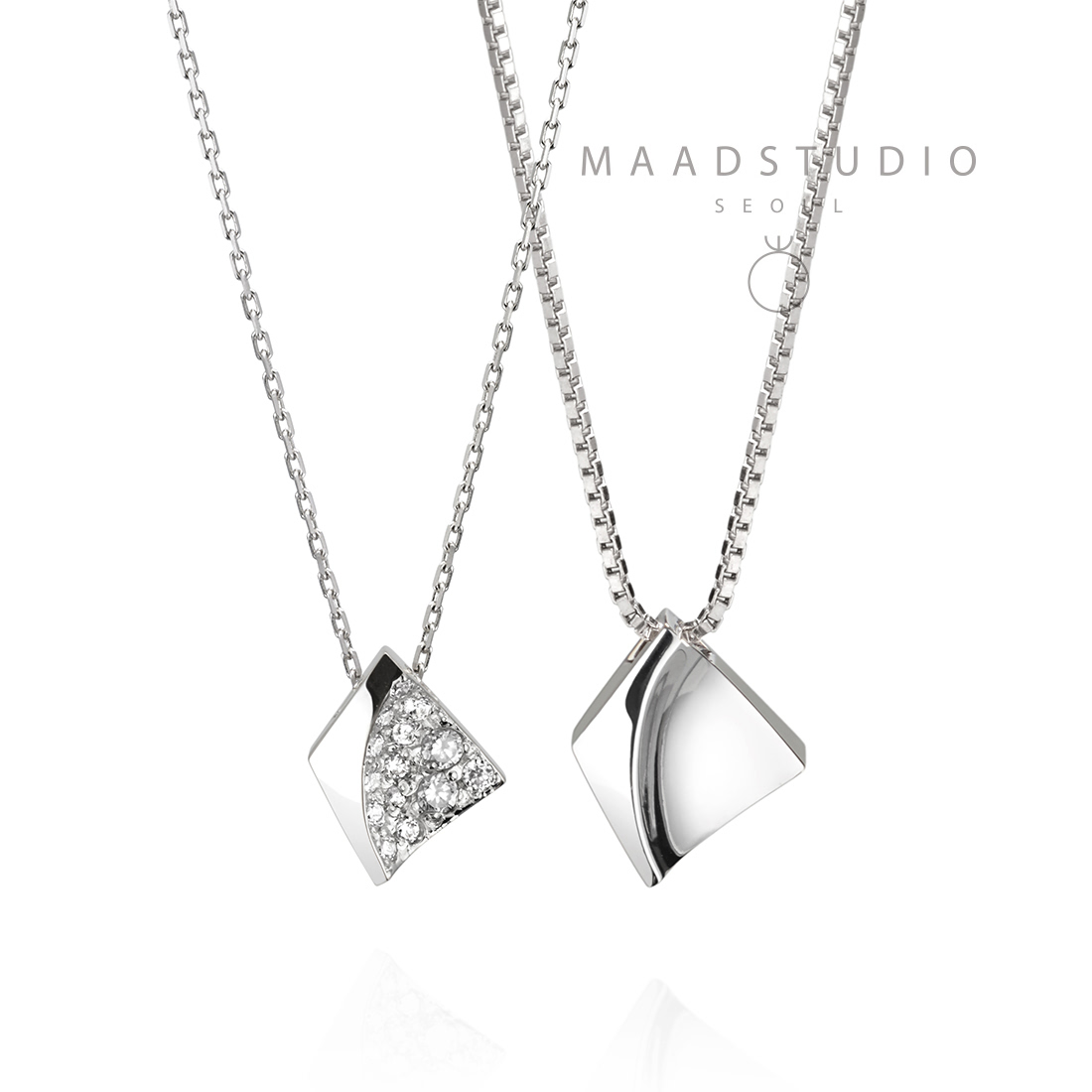 Crystalloid couple pendant Set (M&S) 14k White gold CZ & flat