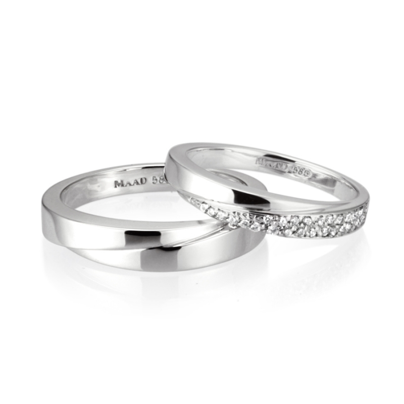 Unison wedding ring Set (L&M) 14k White gold CZ & flat