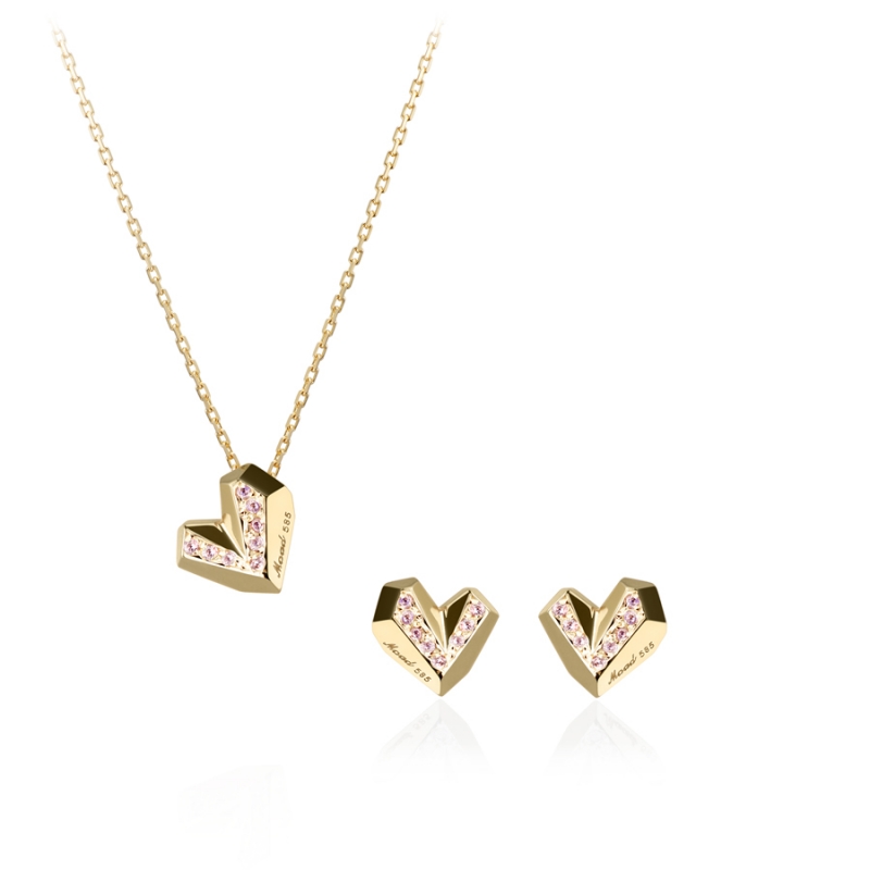Ice heart pendant & earring Set (S&S) 14k gold pink CZ