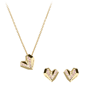 Ice heart pendant & earring Set (S&S) 14k gold pink CZ