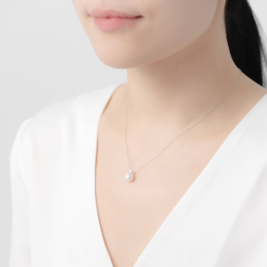 컷팅큐브 목걸이 14k 화이트골드 해수진주 diamond