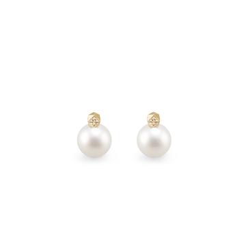 Cutting cube earring 14k gold Akoya cultured pearl 8~8.5mm, Diamond