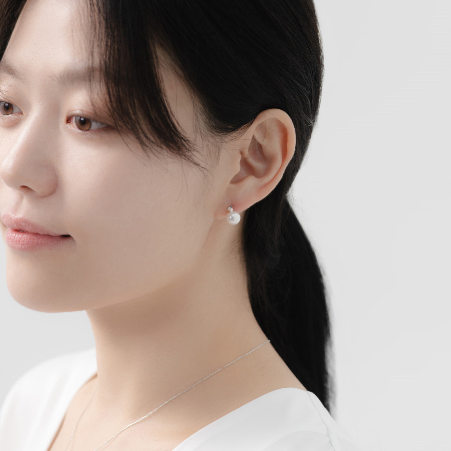 컷팅큐브 귀걸이 14k 화이트골드 해수진주 diamond