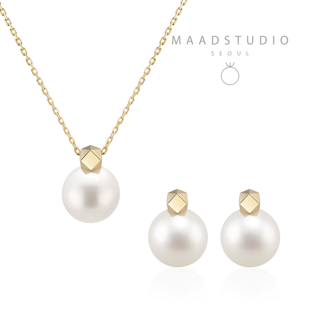 Cutting cube pendant & earring Set 14k gold Akoya cultured pearl 8~8.5mm