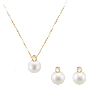 Cutting cube pendant & earring Set 14k gold Akoya cultured pearl 8~8.5mm