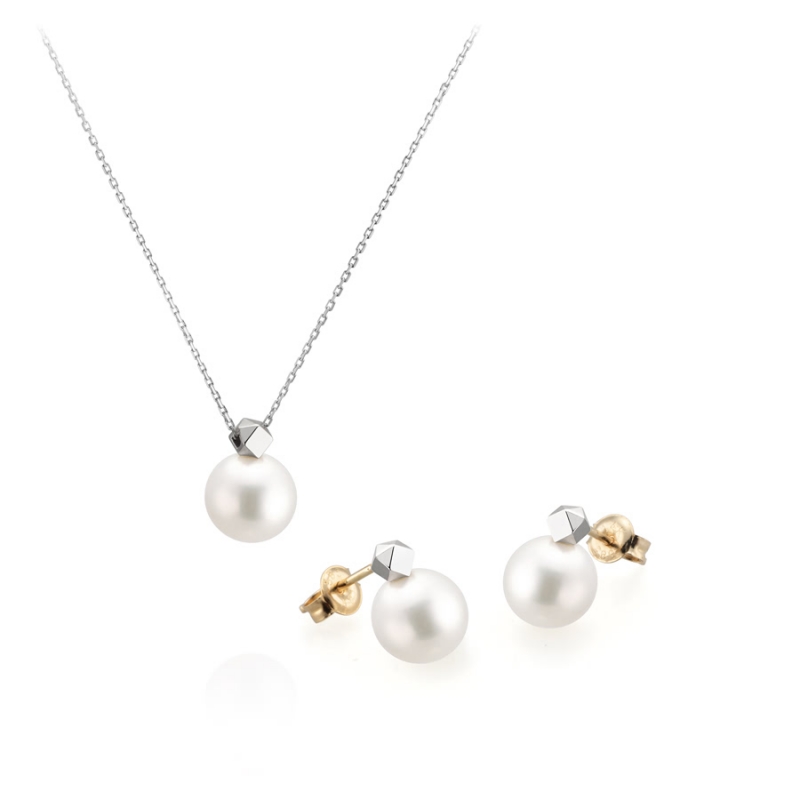 Cutting cube pendant & earring Set 14k White gold Akoya cultured pearl 8~8.5mm