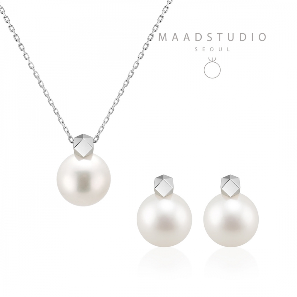 Cutting cube pendant & earring Set 14k White gold Akoya cultured pearl 8~8.5mm