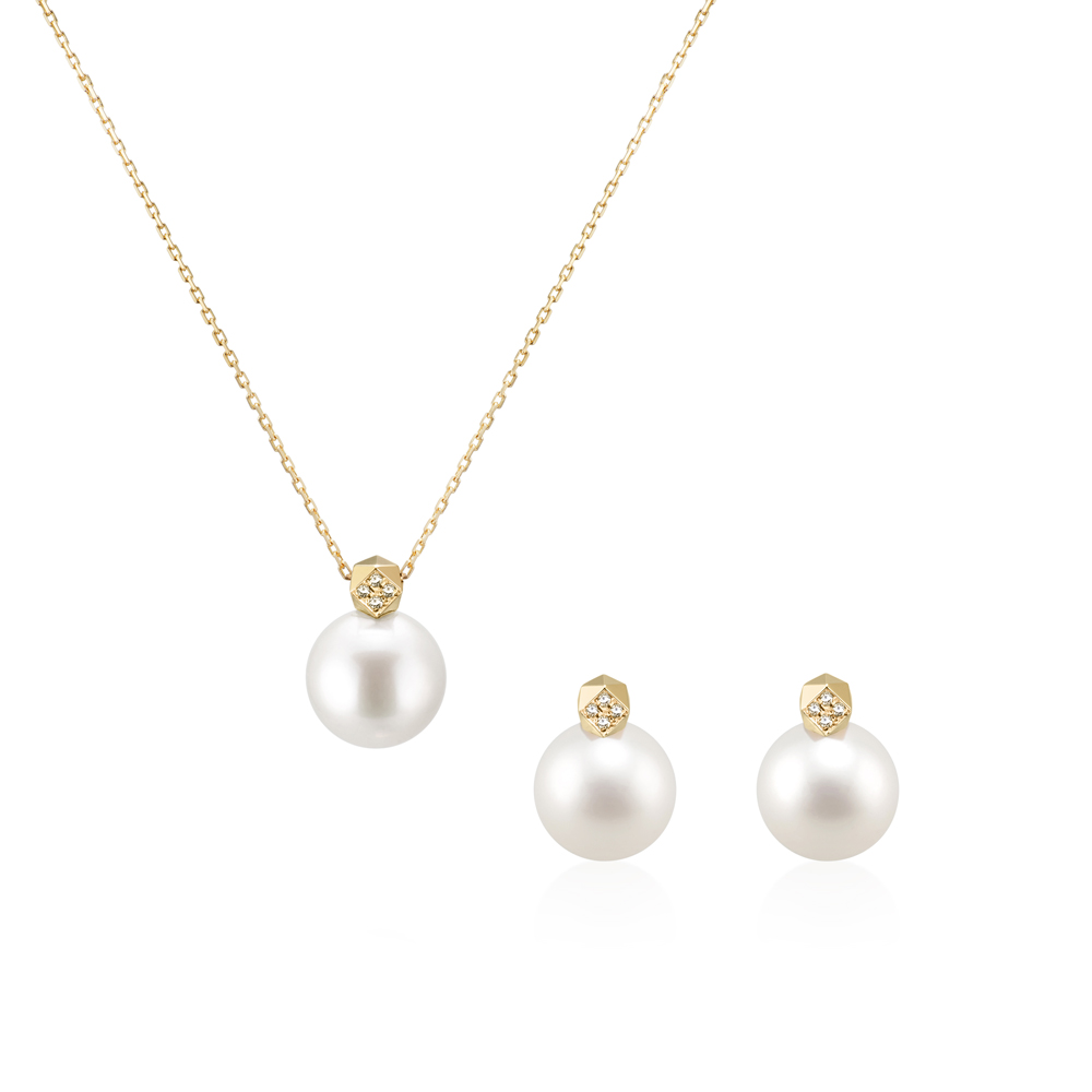 Cutting cube pendant & earring Set 14k gold Akoya cultured pearl 8~8.5mm, Diamond