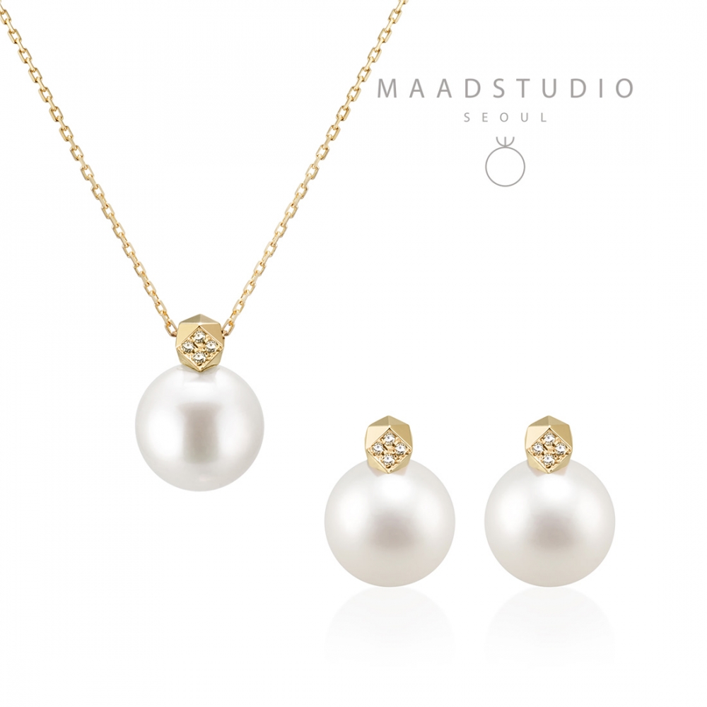 Cutting cube pendant & earring Set 14k gold Akoya cultured pearl 8~8.5mm, Diamond