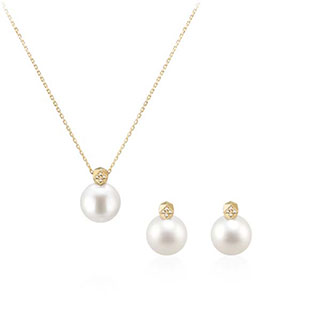 Cutting cube pendant & earring Set 14k gold Akoya cultured pearl 8~8.5mm, Diamond