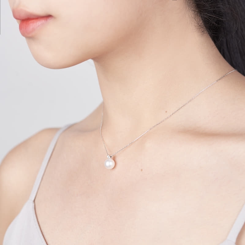 Cutting cube pendant & earring Set 14k White gold Akoya cultured pearl 8~8.5mm, Diamond
