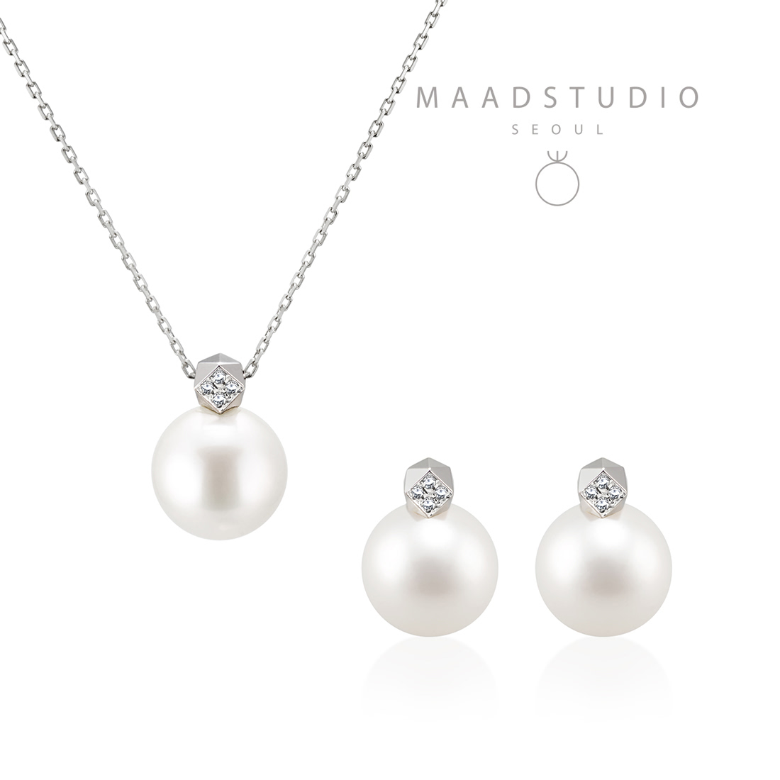 Cutting cube pendant & earring Set 14k White gold Akoya cultured pearl 8~8.5mm, Diamond