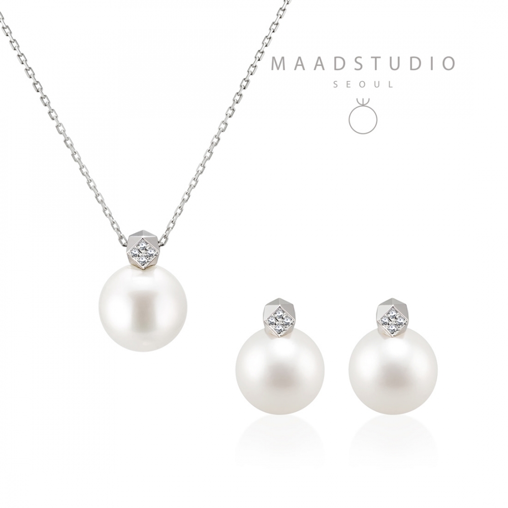 Cutting cube pendant & earring Set 14k White gold Akoya cultured pearl 8~8.5mm, Diamond