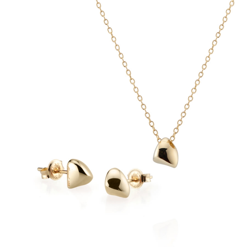 Pebble stone triangle pendant & earring Set 14k gold