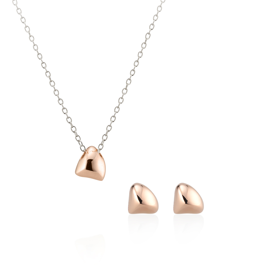 Pebble stone triangle pendant & earring Set 14k Red gold