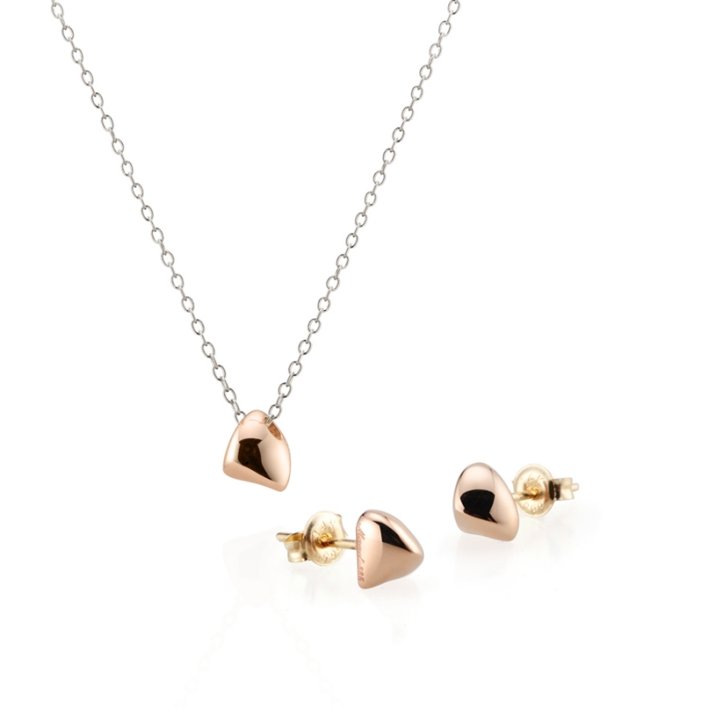 Pebble stone triangle pendant & earring Set 14k Red gold