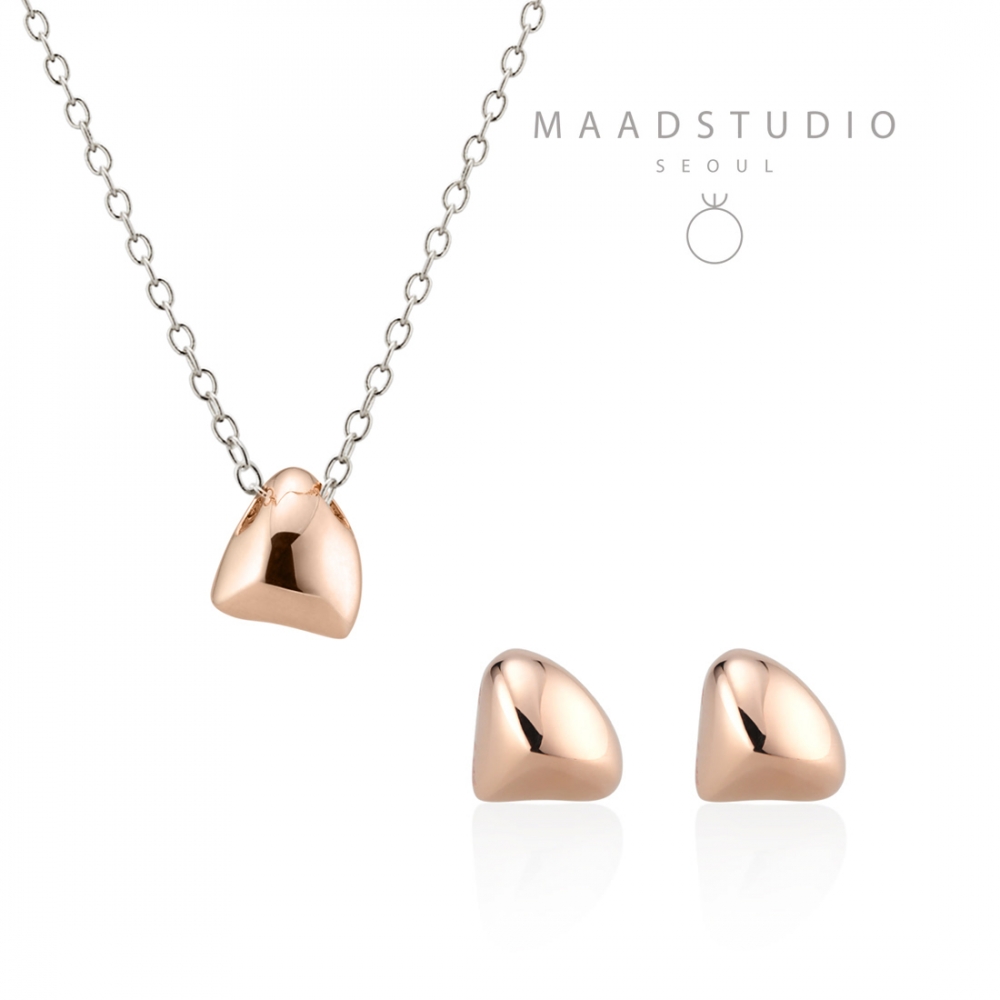 Pebble stone triangle pendant & earring Set 14k Red gold