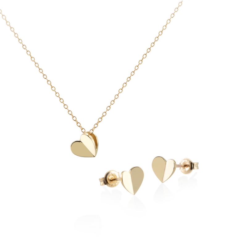 Heart clover pendant & earring Set 14k gold