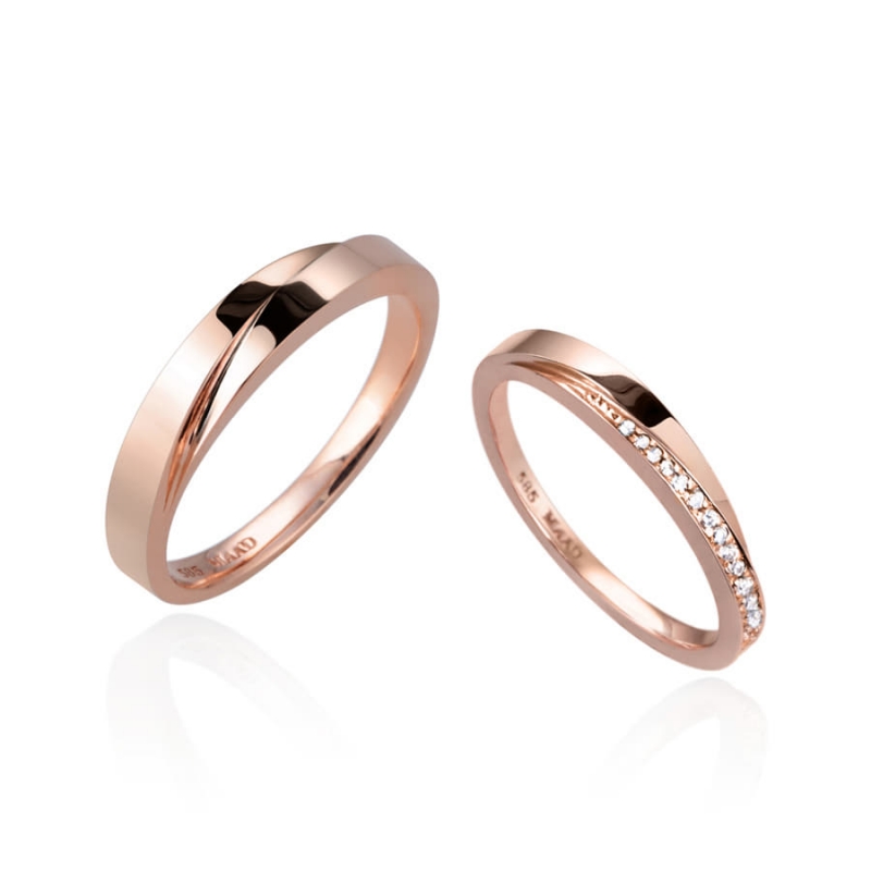 Unison wedding ring Set (M&S) 14k Red gold CZ & flat