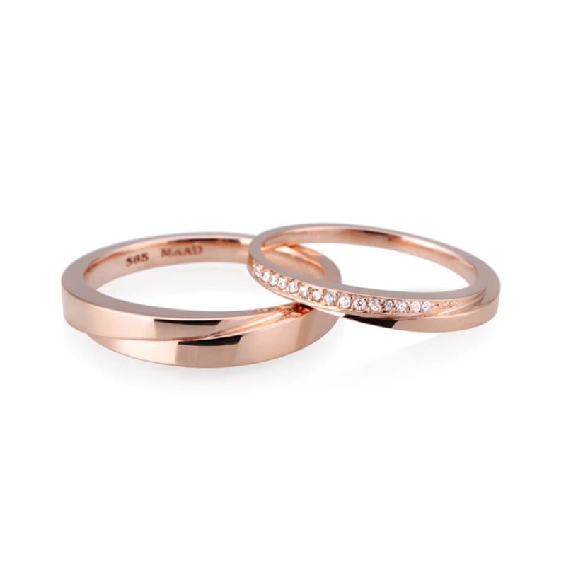 Unison wedding ring Set (M&S) 14k Red gold CZ & flat
