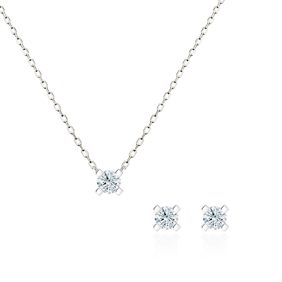 MR Square Solitaire 0.2ct pendant & earring Set 14k White gold