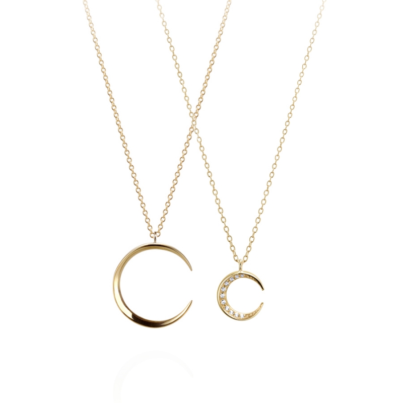 Lunar crescent couple pendant Set (M&S-mini) 14k gold CZ & flat