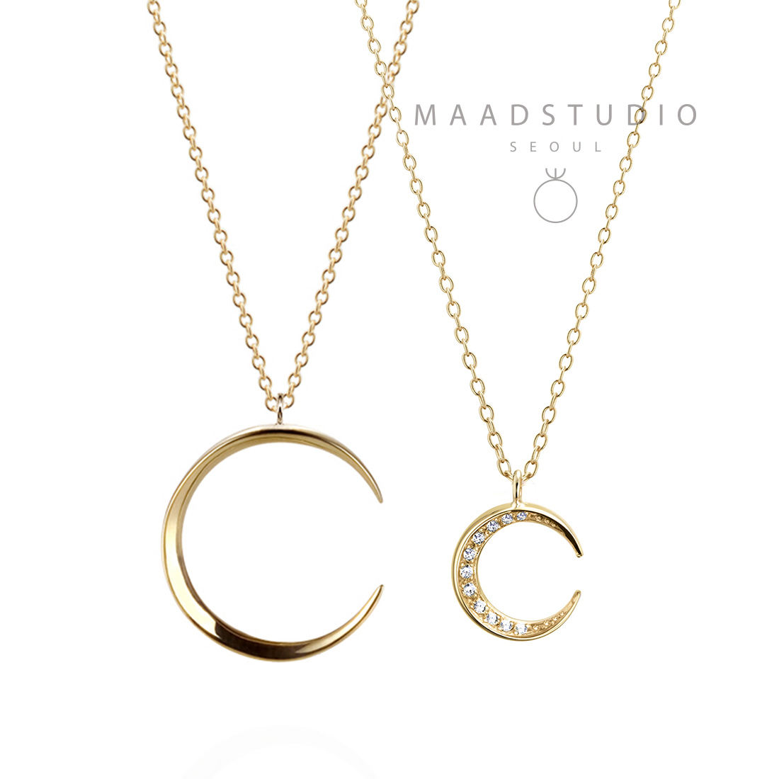 Lunar crescent couple pendant Set (M&S-mini) 14k gold CZ & flat