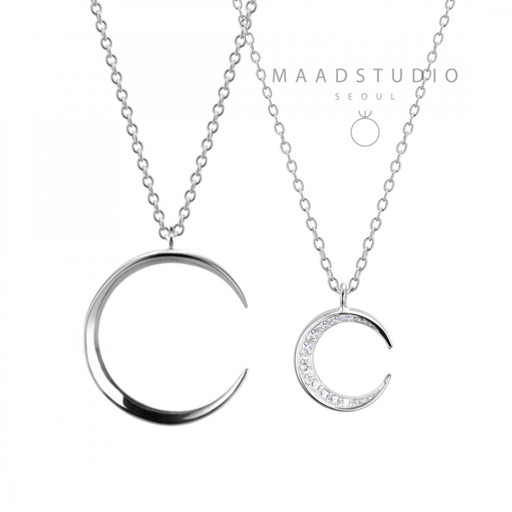 Lunar crescent couple pendant Set (M&S-mini) 14k White gold CZ & flat