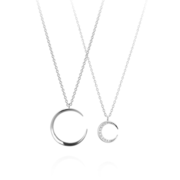 Lunar crescent couple pendant Set (M&S-mini) 14k White gold CZ & flat