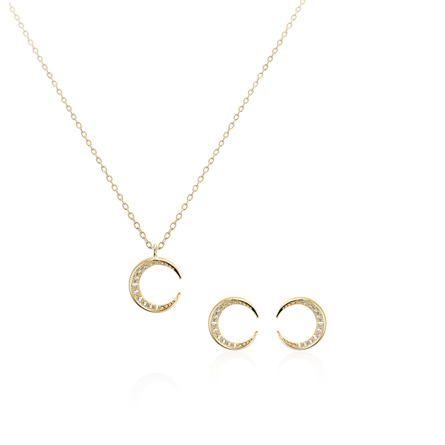 Lunar crescent pendant & earring Set (S-mini) 14k gold CZ