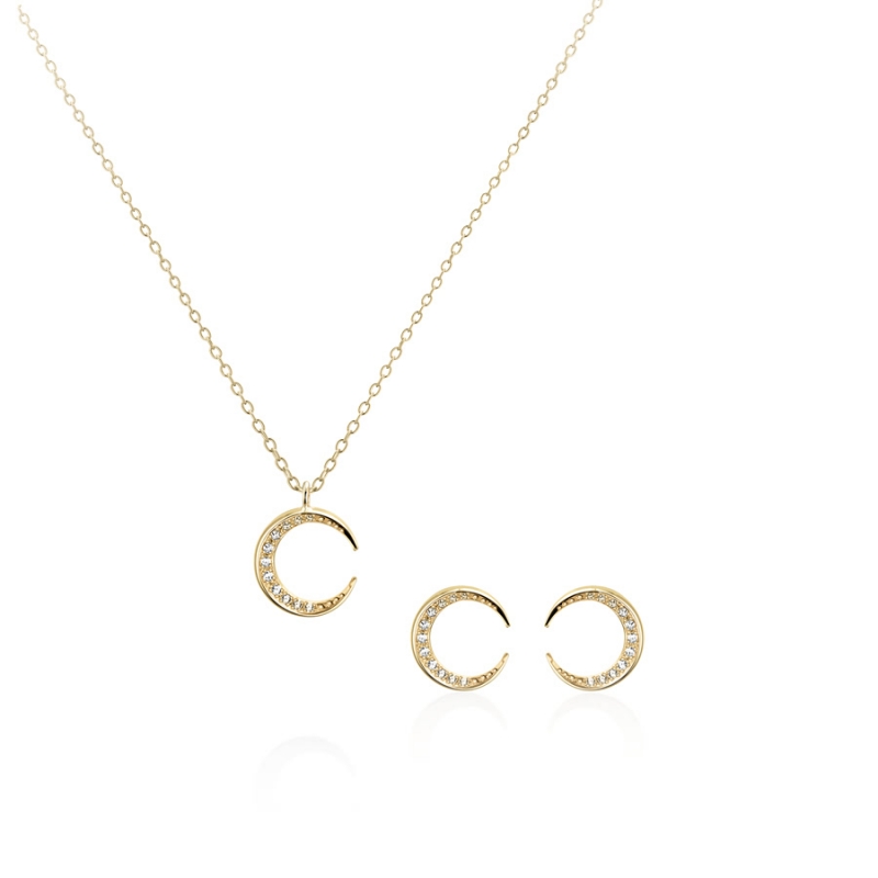 Lunar crescent pendant & earring Set (S-mini) 14k gold CZ