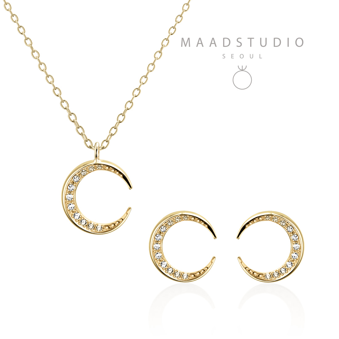 Lunar crescent pendant & earring Set (S-mini) 14k gold CZ