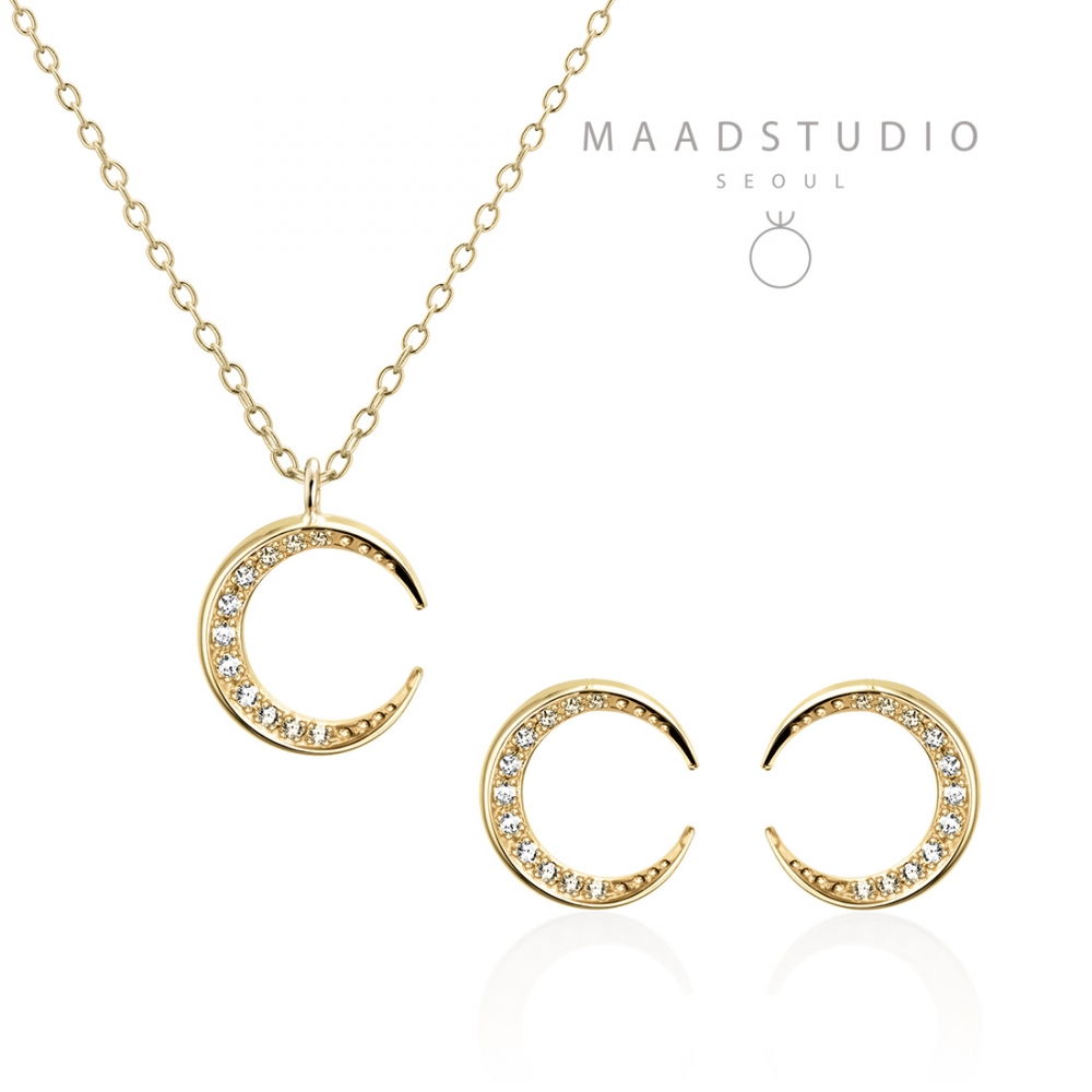 Lunar crescent pendant & earring Set (S-mini) 14k gold CZ