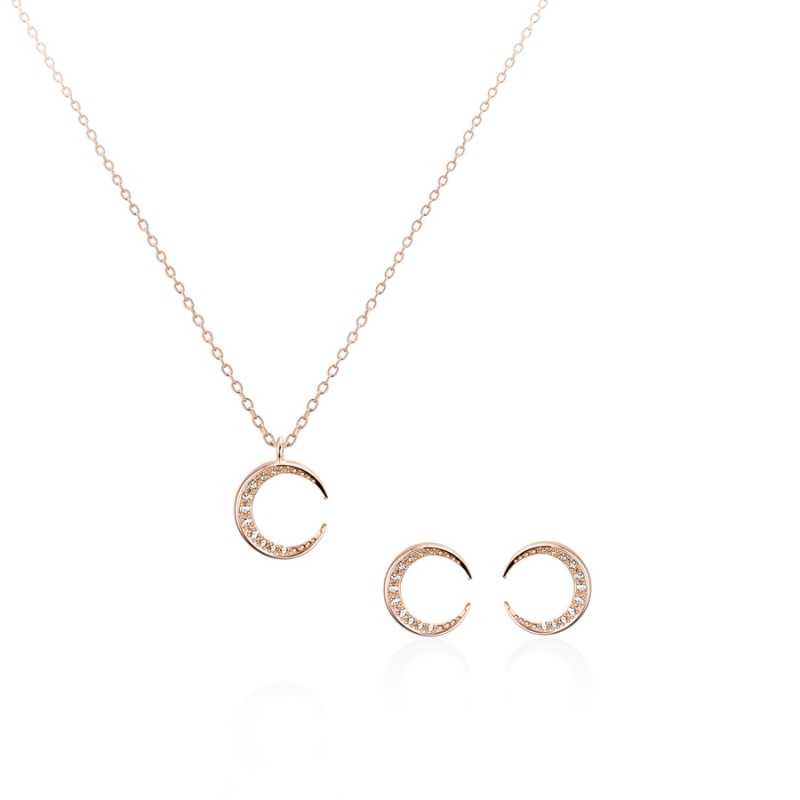 Lunar crescent pendant & earring Set (S-mini) 14k Red gold CZ