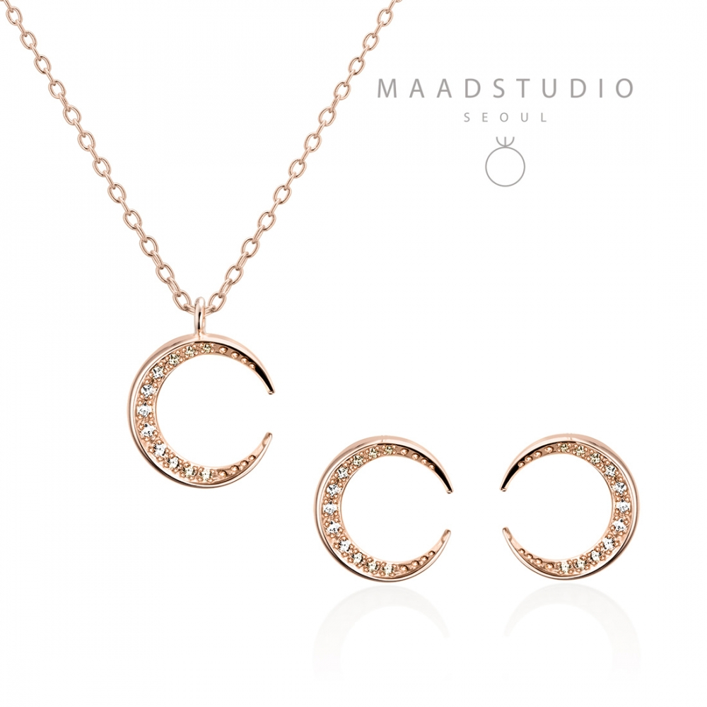 Lunar crescent pendant & earring Set (S-mini) 14k Red gold CZ