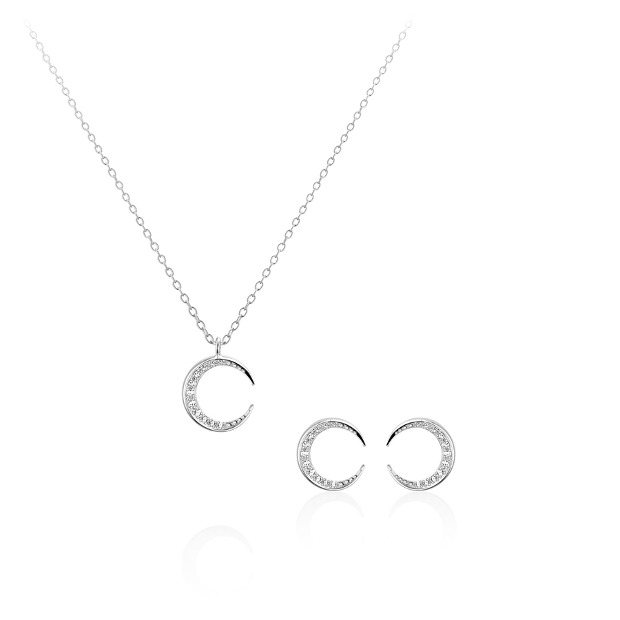 Lunar crescent pendant & earring Set (S-mini) 14k White gold CZ