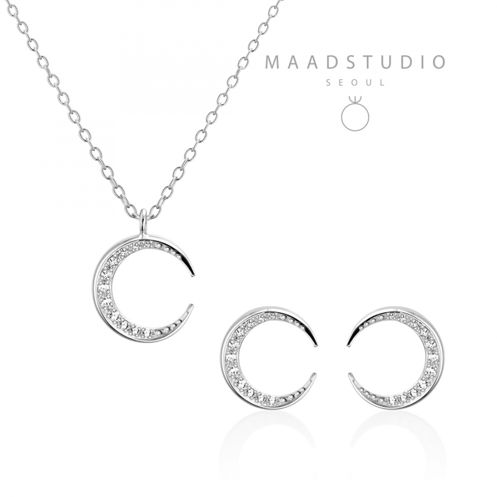Lunar crescent pendant & earring Set (S-mini) 14k White gold CZ
