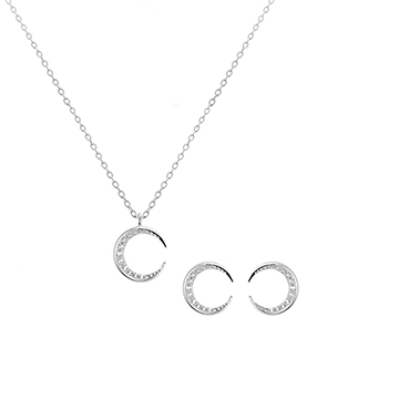 Lunar crescent pendant & earring Set (S-mini) 14k White gold CZ