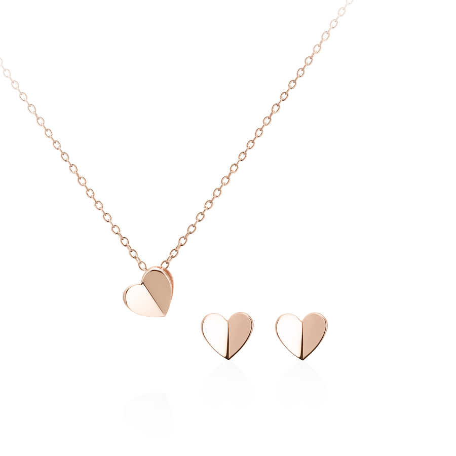 Heart clover pendant & earring Set 14k Red gold