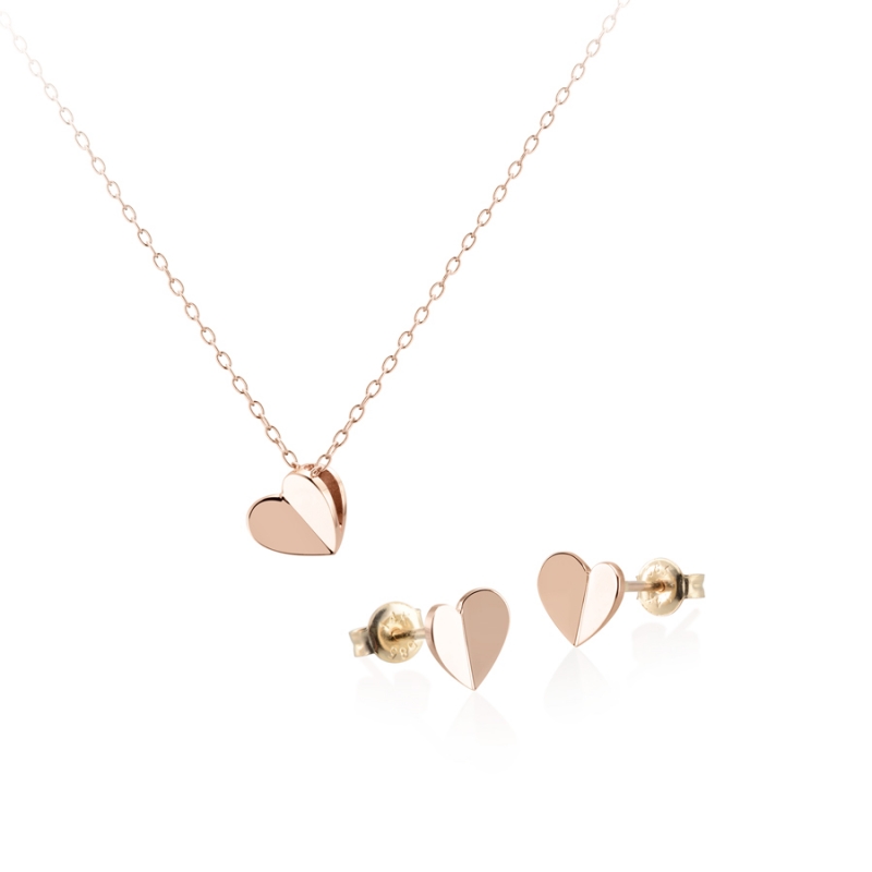 Heart clover pendant & earring Set 14k Red gold
